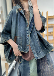 Loose Blue Hooded Button Denim Coats Half Sleeve