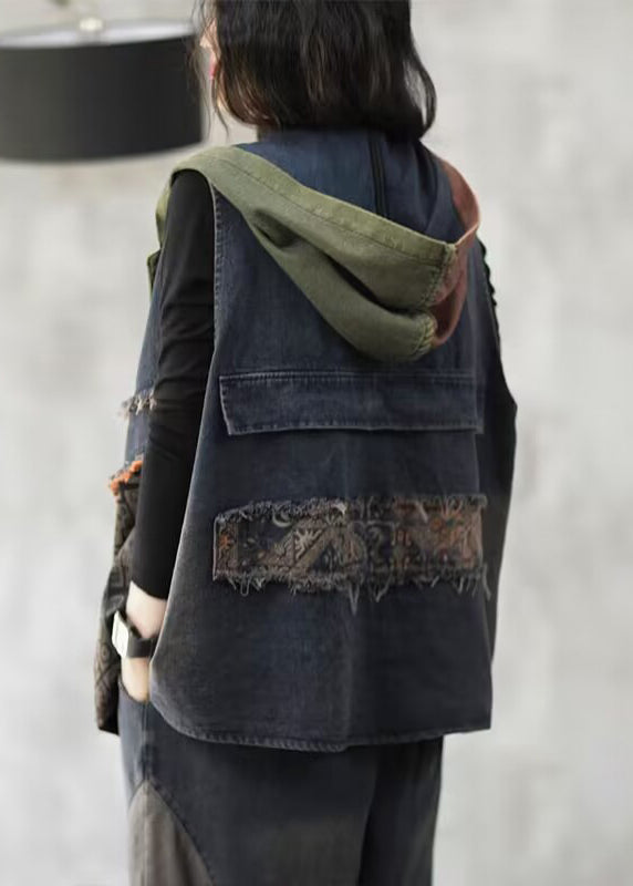 Loose Blue Hooded Button Patchwork Denim Waistcoat Sleeveless