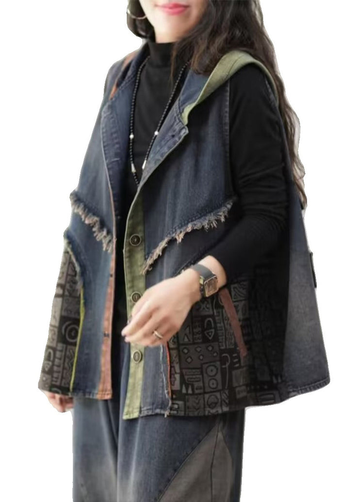 Loose Blue Hooded Button Patchwork Denim Waistcoat Sleeveless