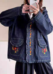 Loose Blue Hooded Embroidered Pockets Denim Coat Long Sleeve