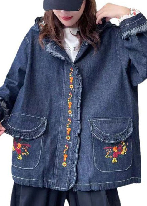 Loose Blue Hooded Embroidered Pockets Denim Coat Long Sleeve