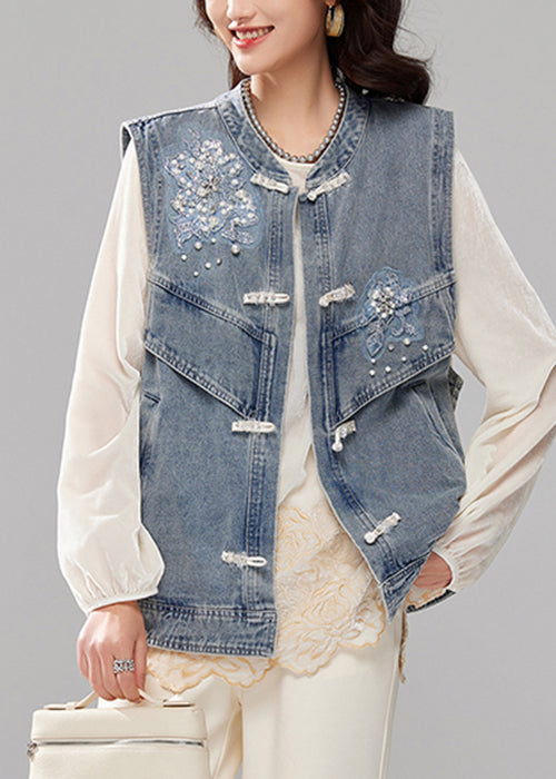 Loose Blue Nail Bead Button Pockets Denim Waistcoat Sleeveless