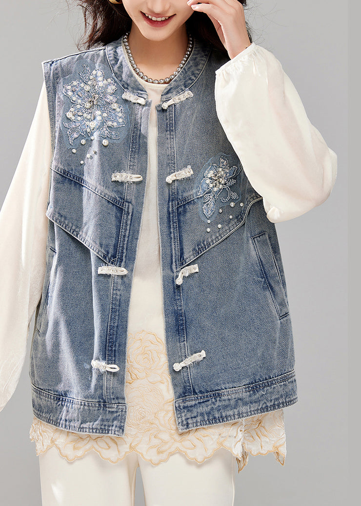 Loose Blue Nail Bead Button Pockets Denim Waistcoat Sleeveless