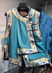 Loose Blue O-Neck Embroideried Floral Patchwork Silk Waistcoat Fall