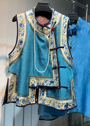 Loose Blue O-Neck Embroideried Floral Patchwork Silk Waistcoat Fall