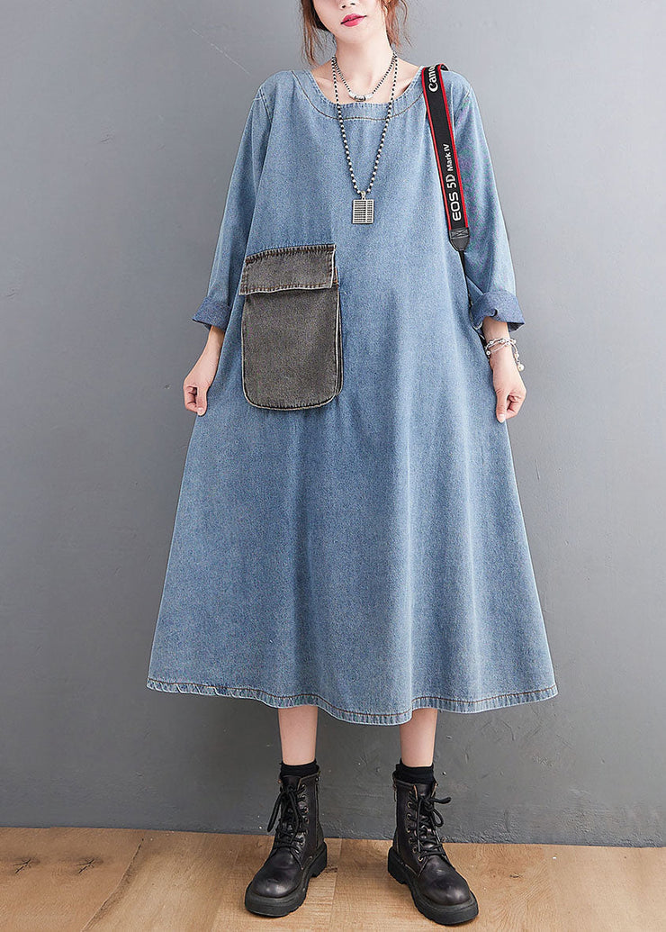 Loose Blue O Neck Pockets Patchwork Denim Dresses Fall