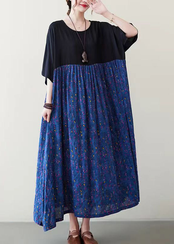 Loose Blue O-Neck Print Long Dress Short Sleeve