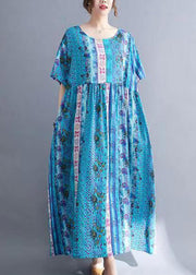 Loose Blue O-Neck Print Patchwork Long Dresses Short Sleeve