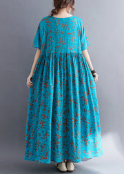 Loose Blue O Neck Print Wrinkled Cotton Dresses Summer