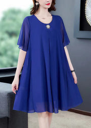 Loose Blue O Neck Solid Chiffon Dresses Summer