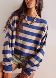 Loose Blue O Neck Striped Short Knit Pullover Fall