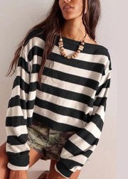 Loose Blue O Neck Striped Short Knit Pullover Fall