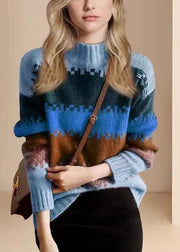 Loose Blue O Neck Thick Patchwork Knit Sweater Winter