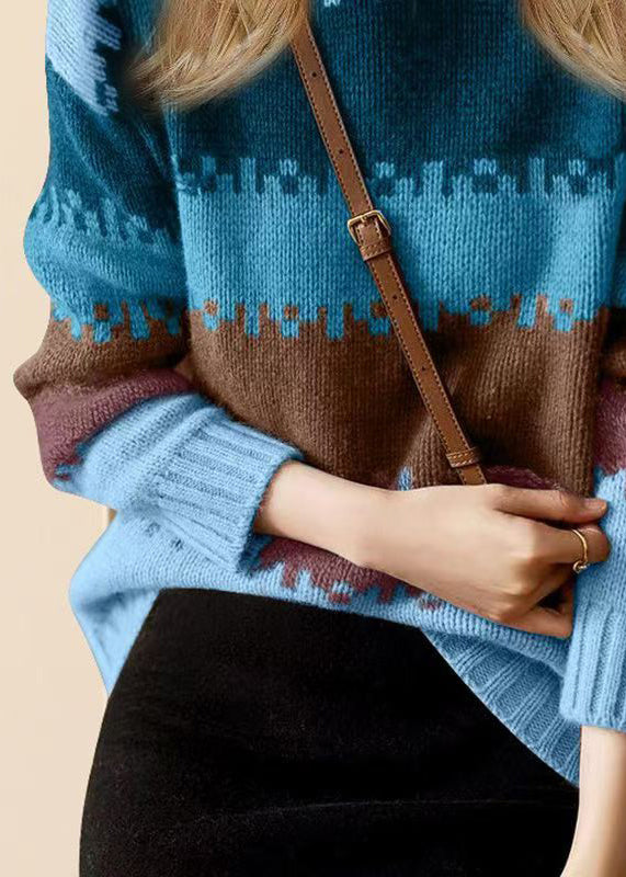 Loose Blue O Neck Thick Patchwork Knit Sweater Winter