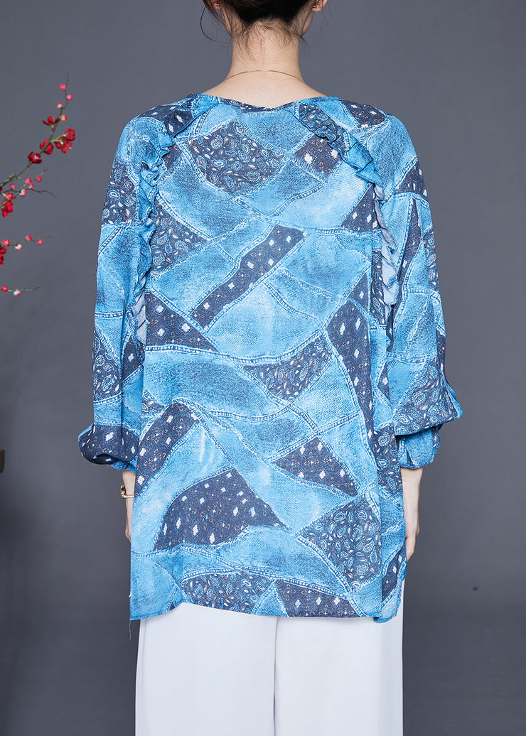 Loose Blue Oversized Tie Dye Silk Shirt Top Lantern Sleeve