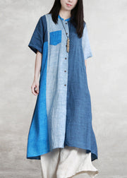 Loose Blue Patchwork Button Linen Long Shirts Short Sleeve