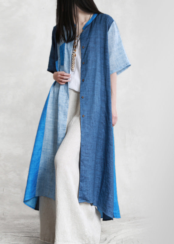 Loose Blue Patchwork Button Linen Long Shirts Short Sleeve