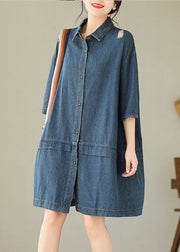 Loose Blue Peter Pan Collar Button Denim Mid Dress Half Sleeve