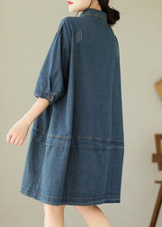 Loose Blue Peter Pan Collar Button Denim Mid Dress Half Sleeve