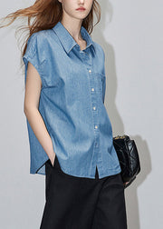 Loose Blue Peter Pan Collar Button Denim Shirt Short Sleeve