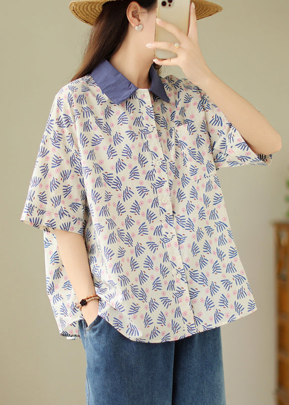 Loose Blue Peter Pan Collar Button Print Cotton Blouses Summer