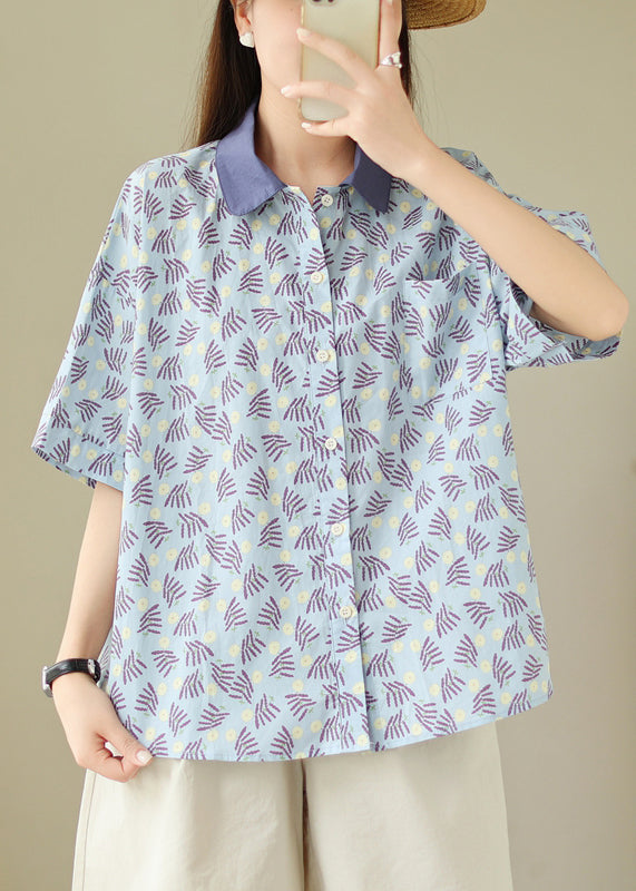 Loose Blue Peter Pan Collar Button Print Cotton Blouses Summer