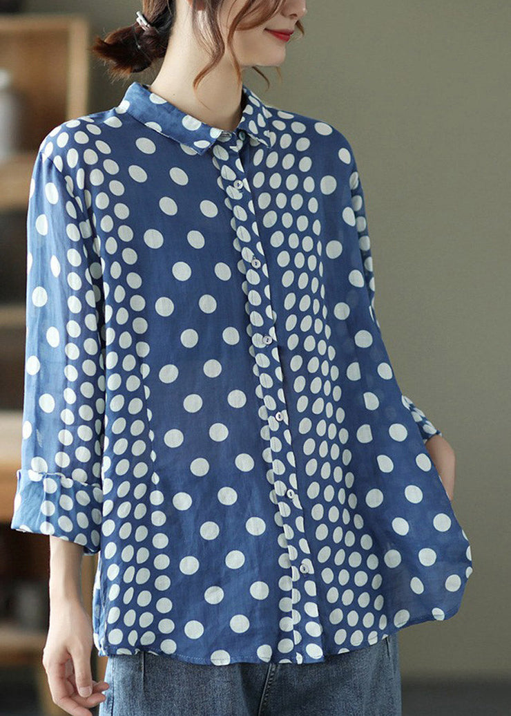 Loose Blue Peter Pan Collar Print Linen Shirt Long Sleeve