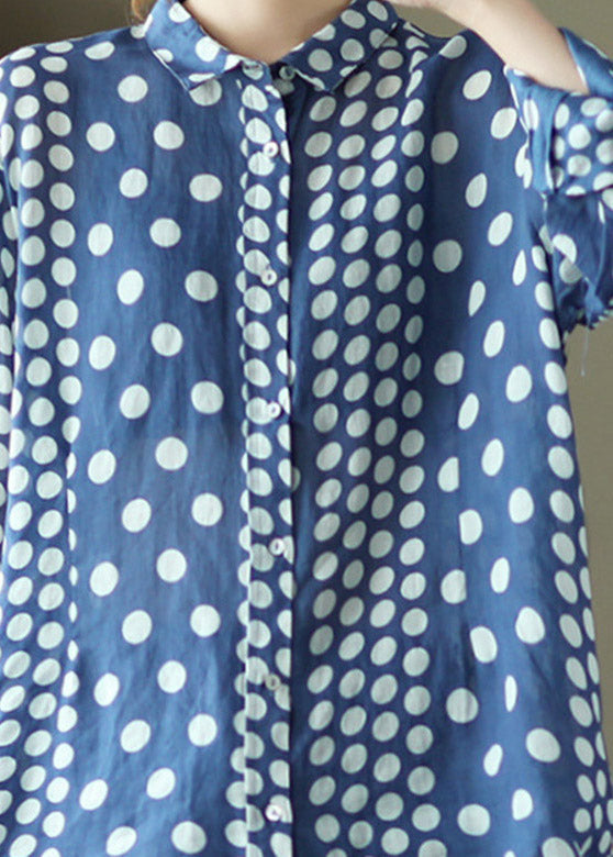 Loose Blue Peter Pan Collar Print Linen Shirt Long Sleeve