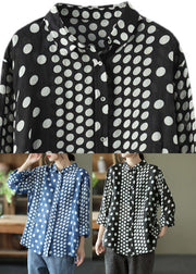 Loose Blue Peter Pan Collar Print Linen Shirt Long Sleeve