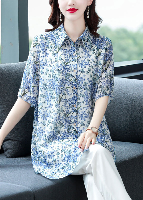 Loose Blue Peter Pan Collar Print Patchwork Chiffon Shirt Tops Half Sleeve