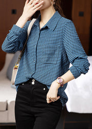 Loose Blue Plaid Button Patchwork Cotton Blouse Tops Fall