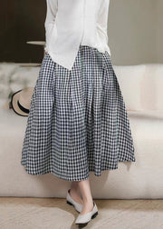 Loose Blue Plaid Pockets Elastic Waist Cotton Skirt Spring