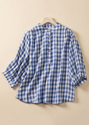 Loose Blue Plaid Stand Collar Cotton Blouses Bracelet Sleeve