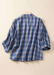 Loose Blue Plaid Stand Collar Cotton Blouses Bracelet Sleeve