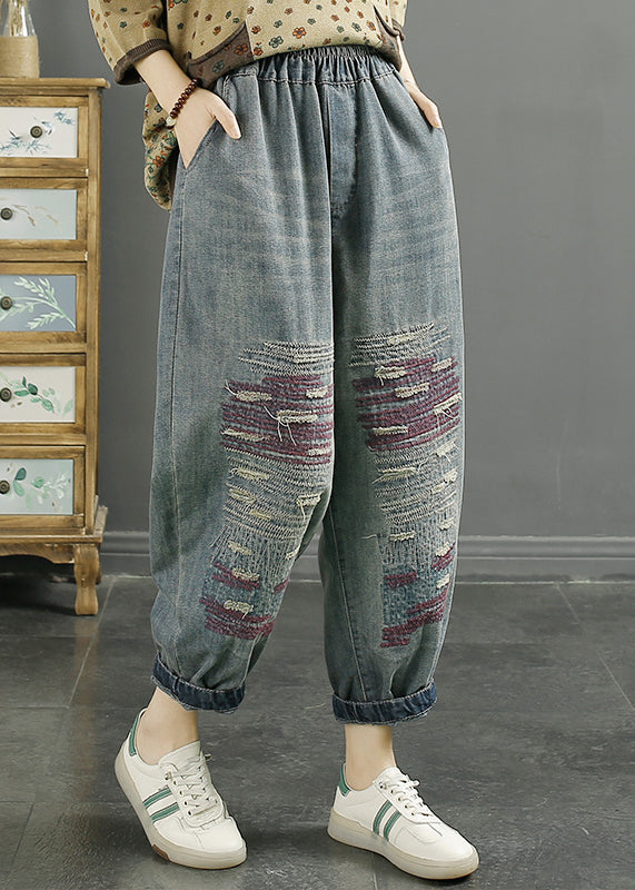 Loose Blue Pockets Elastic Waist Denim Crop Pants Fall