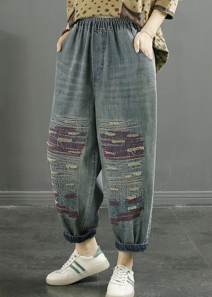 Loose Blue Pockets Elastic Waist Denim Crop Pants Fall