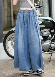 Loose Blue Pockets Elastic Waist Denim Wide Leg Pants Summer