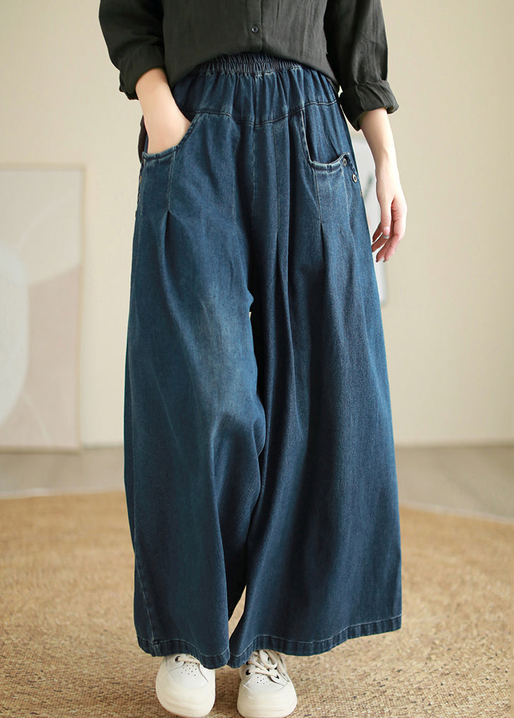 Loose Blue Pockets Elastic Waist Patchwork Denim Pants Fall