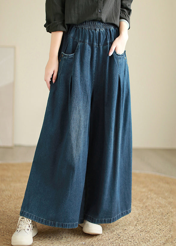 Loose Blue Pockets Elastic Waist Patchwork Denim Pants Fall