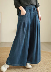 Loose Blue Pockets Elastic Waist Patchwork Denim Pants Fall