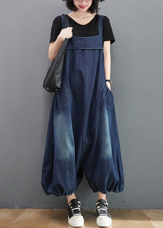 Loose Blue Pockets High Waist Patchwork Jumpsuits Sleeveless