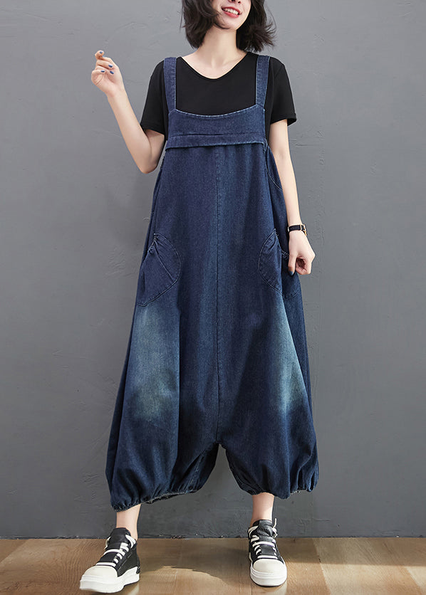 Loose Blue Pockets High Waist Patchwork Jumpsuits Sleeveless