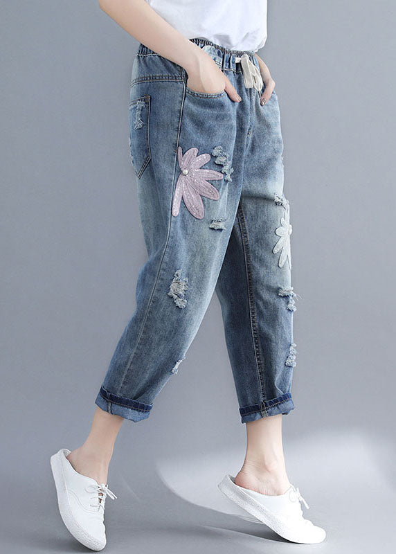 Loose Blue Pockets Nail Bead Elastic Waist Patchwork Ripped Jeans Summer