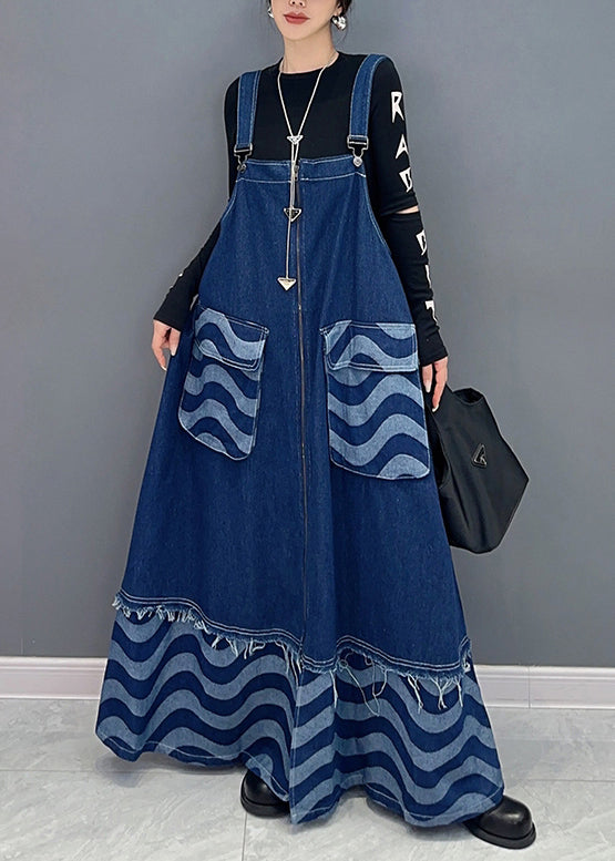 Loose Blue Pockets Patchwork Denim Spaghetti Strap Dress Dresses Fall