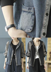 Loose Blue Pockets Print Hooded Denim Coat Long Sleeve