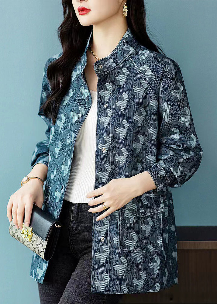 Loose Blue Print Button Patchwork Denim Coats Fall