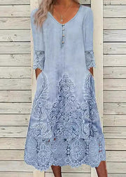 Loose Blue Print Pockets Lace Patchwork Long Dress Half Sleeve