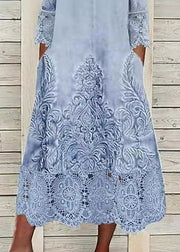 Loose Blue Print Pockets Lace Patchwork Long Dress Half Sleeve