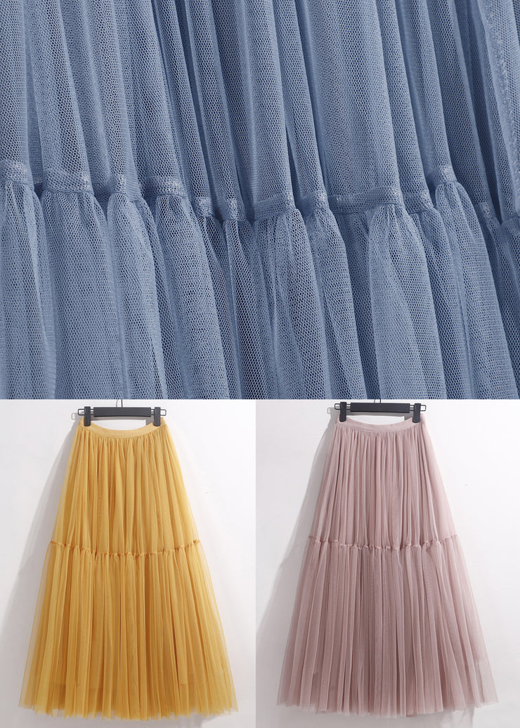 Loose Blue Solid High Waist Tulle Pleated Skirt