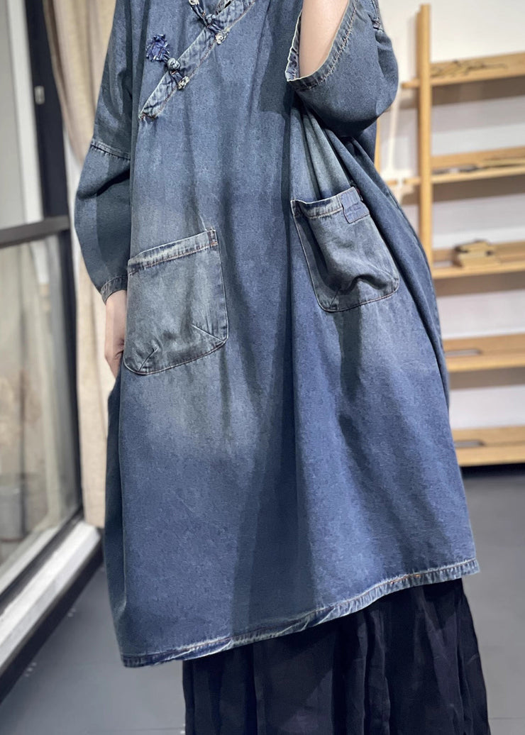 Loose Blue Stand Collar Chinese Button Pockets Denim Dress Spring